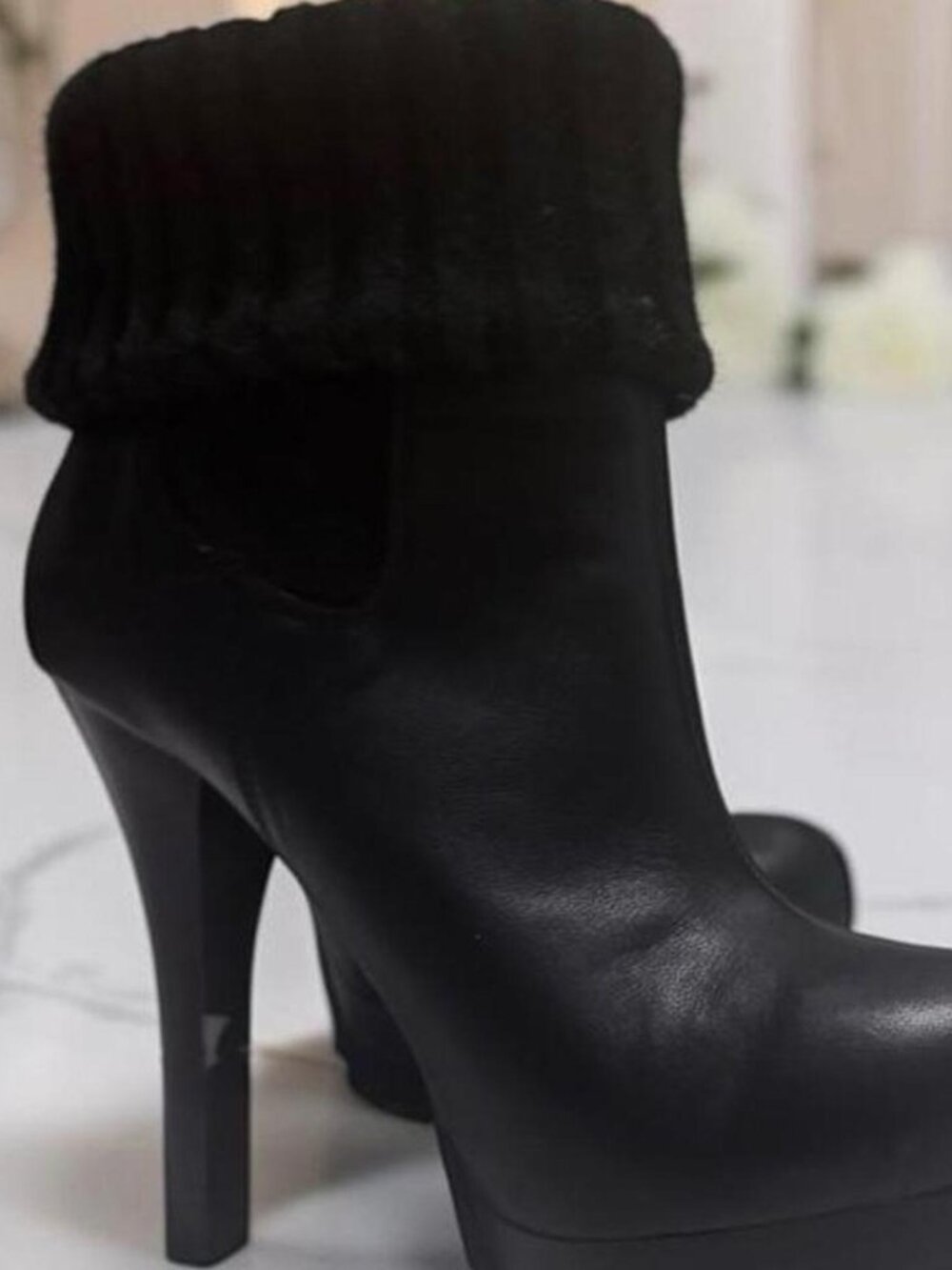 JLo Black Leather Platform Ankle Boots w/ Knit Cuff Stiletto Heel Chelsea Bootie